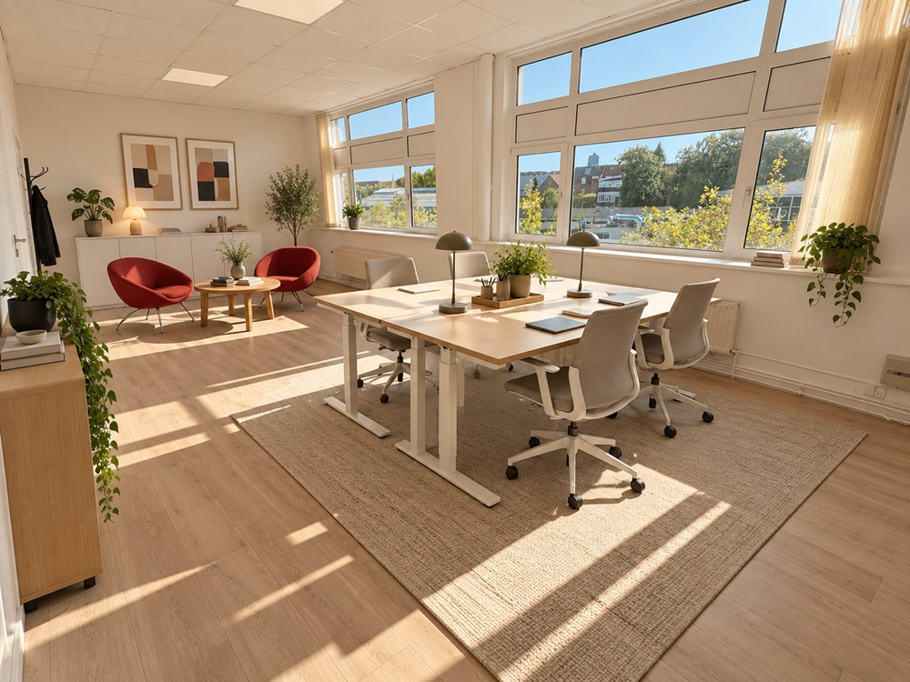 Lyst skandinavisk kontor med planter hjemmeside